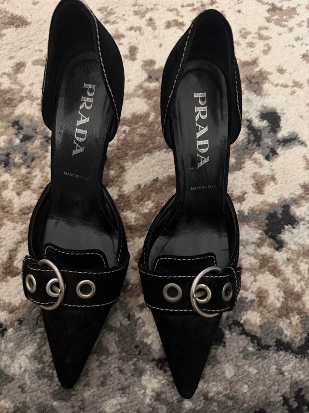 Prada Black Suede Pointed Buckle Heels with Silver Hardware